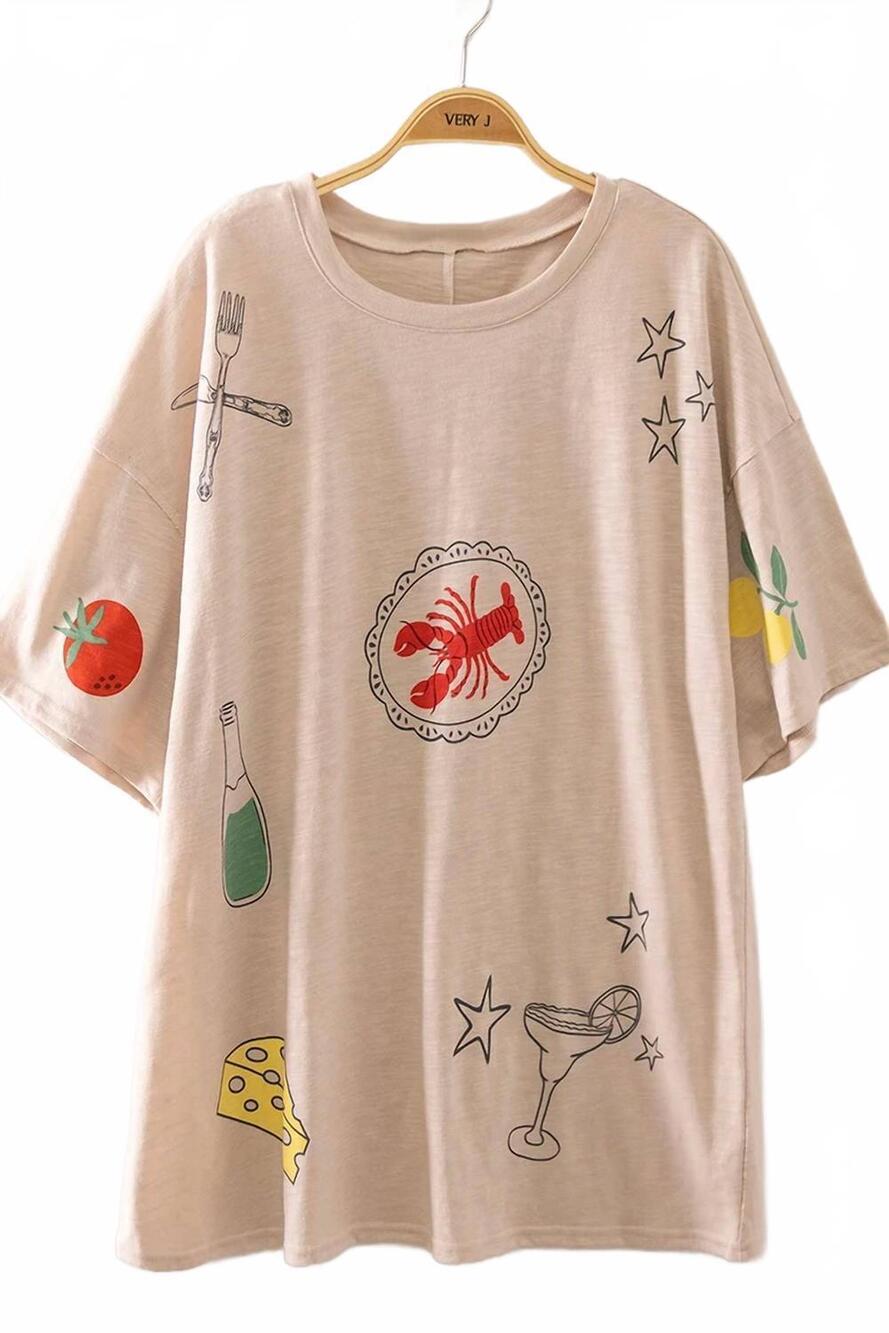 NEW VERY J women's vintage seafood graphic tee in beige